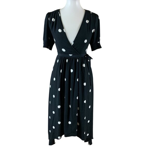 Seen Worn Kept Polka Dot Wrap Midi Dress Black White US4 Retro Y2K Cottagecore - Picture 1 of 5